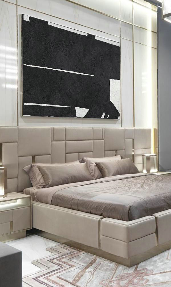 Large Oil Canvas Art,Hand Painted Oversized Horizontal Minimal Art On Canvas, Black And White Minimalist Painting - Large Abstract Wall Art